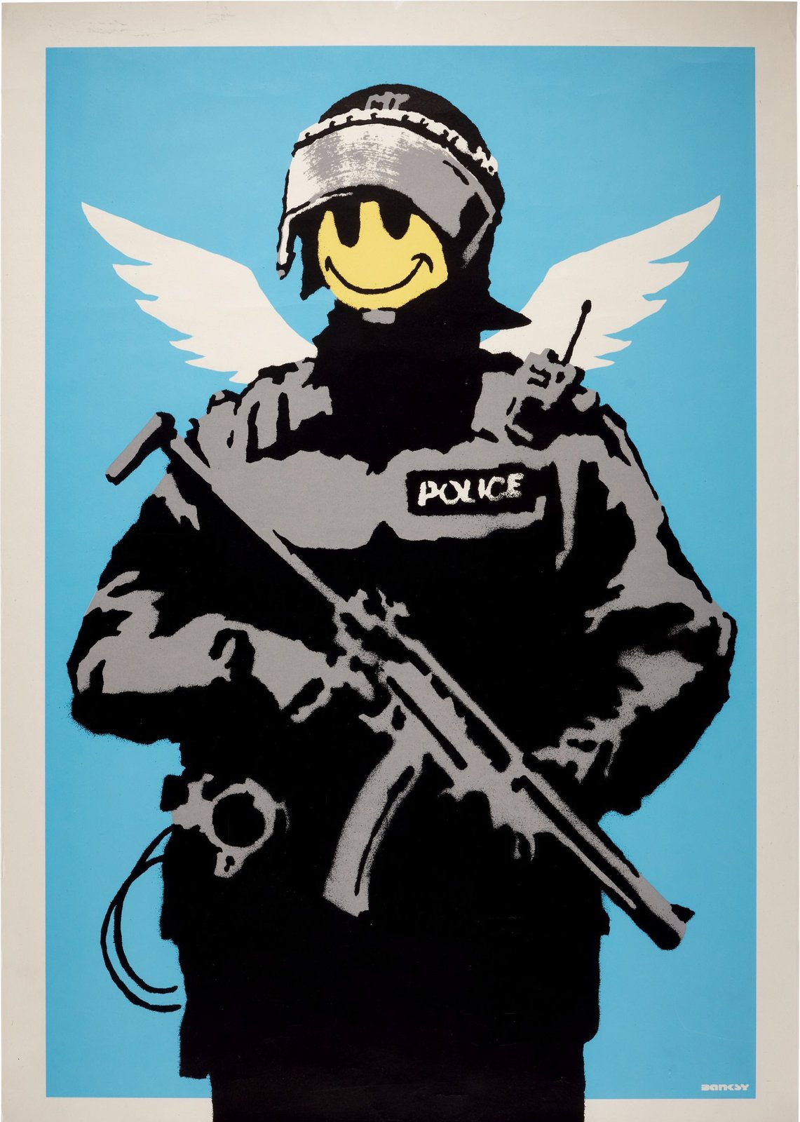 Sérigraphie de Banksy : un policier anti-émeute au visage smiley jaune, doté d'ailes d'ange blanches, sur fond bleu