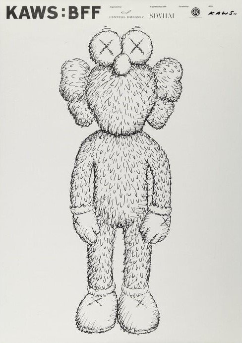 Affiche KAWS : BFF — dessin au trait d'un personnage en peluche aux yeux barrés d'une croix